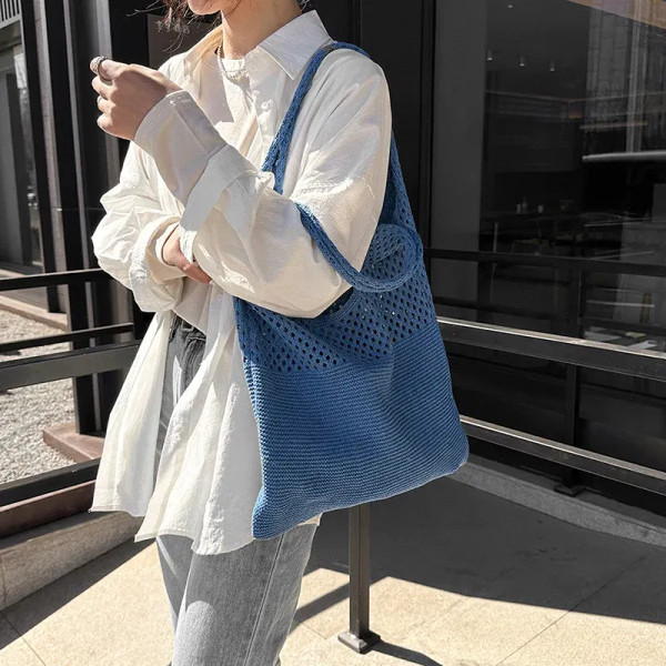 Color: Blue - Summer Beach Party Bag Purse Shopper Tote Satchel Female Vintage Hollowed Out Knitted F640-12000040387496314