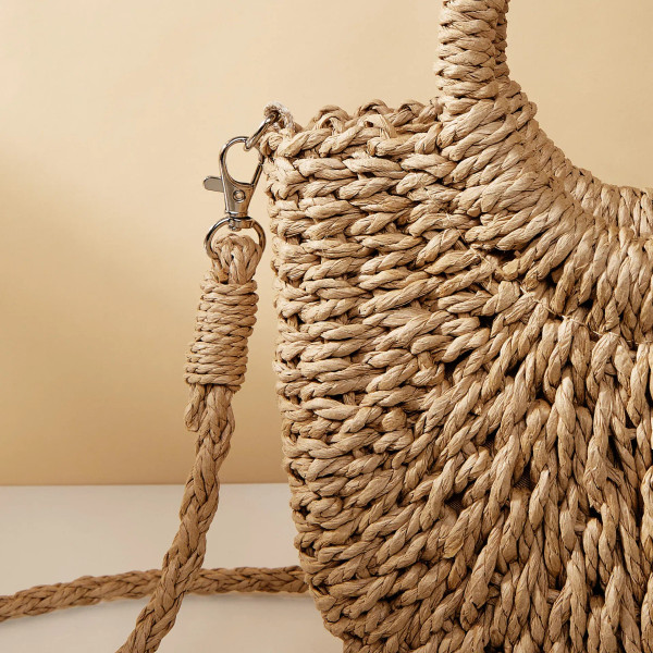 Color: black - Handwoven Straw Rattan Half-Moon Beach Handbag Large Capacity Women Summer Hollow Ou F640-12000036991521273