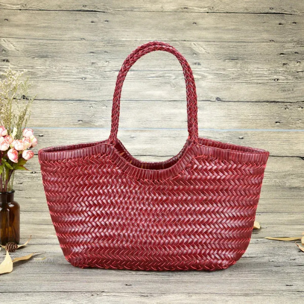 Color: Brown, Size: Extra Large - Hand Knitted Designer Genuine Leather Elegant ?‹Handle Female Tot F640-12000022955409979