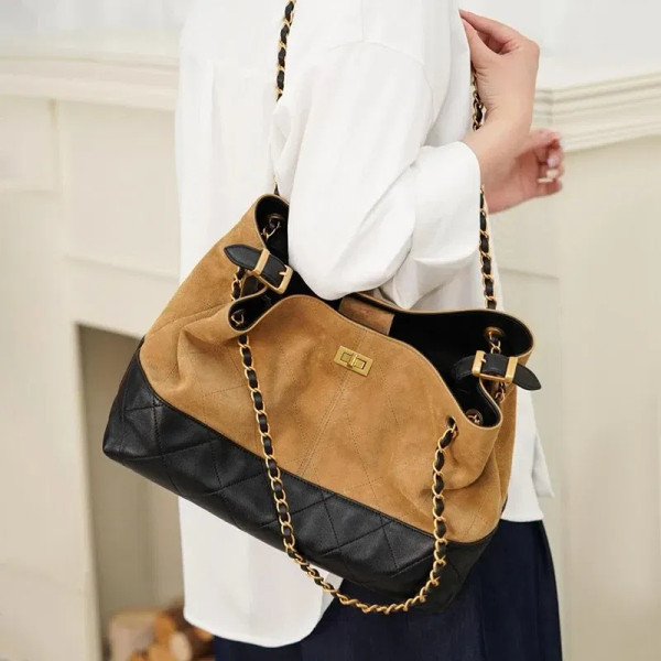 Color: black - Ladies' Genuine Leather Bag 2025 Matte Leather Diamond Pattern Vintage Chain Bucket  F640-12000049976361771