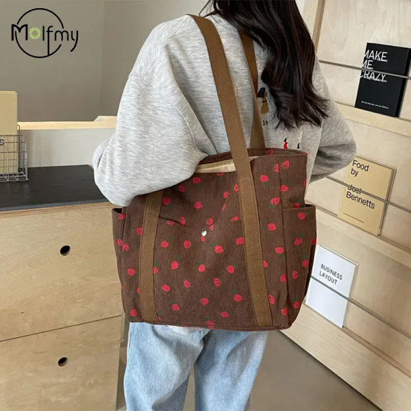 Color: Beige - Strawberries Corduroy Handbag Sweet Women's Bag Fashionable Versatile Shoulder Bag B F640-12000041037828831