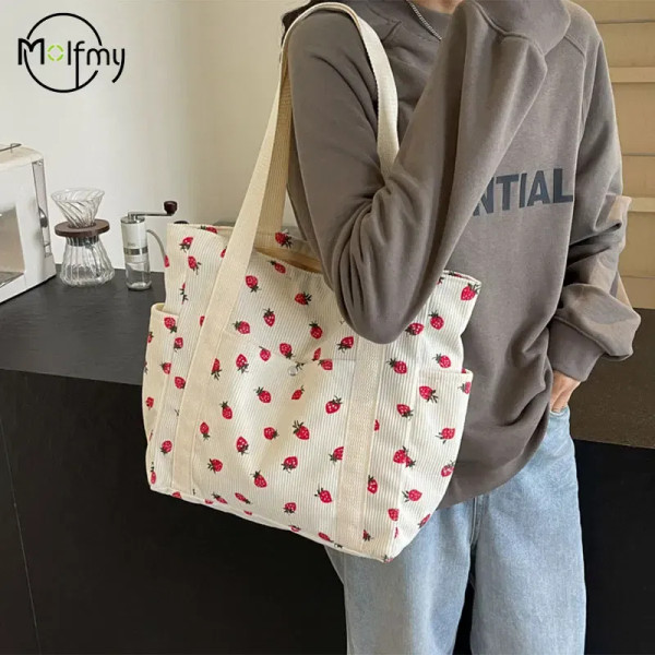 Color: Beige - Strawberries Corduroy Handbag Sweet Women's Bag Fashionable Versatile Shoulder Bag B F640-12000041037828831