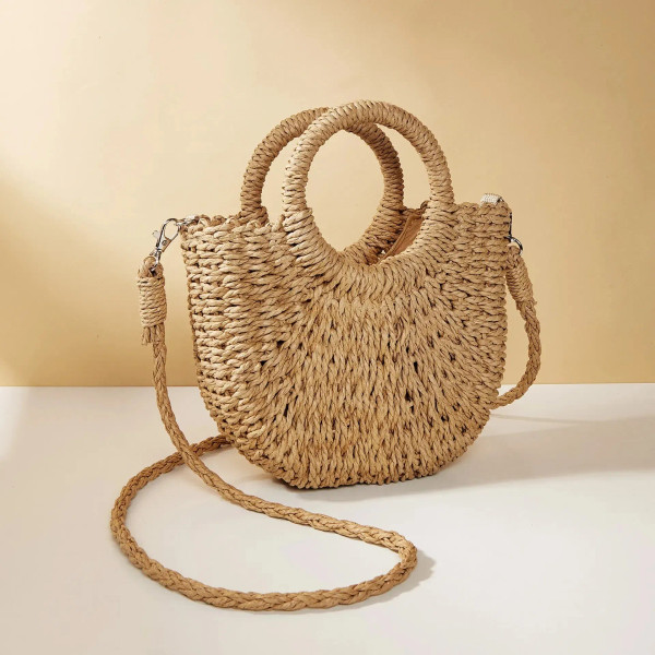 Color: Blue - Handwoven Straw Rattan Half-Moon Beach Handbag Large Capacity Women Summer Hollow Out F640-12000036991521272