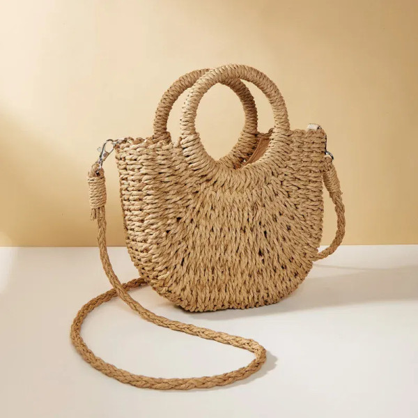Color: Blue - Handwoven Straw Rattan Half-Moon Beach Handbag Large Capacity Women Summer Hollow Out F640-12000036991521272