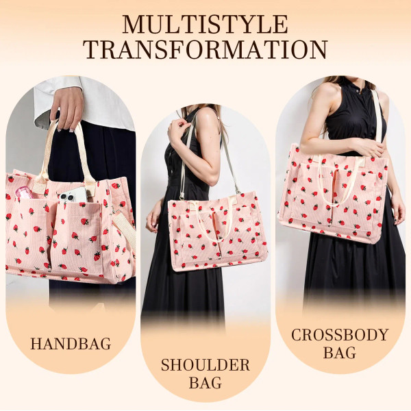 Color: black - Tote Bag Cute Strawberry Patched Purse for Women Fabric Large Capacity Tote Purse En F640-12000042286606607