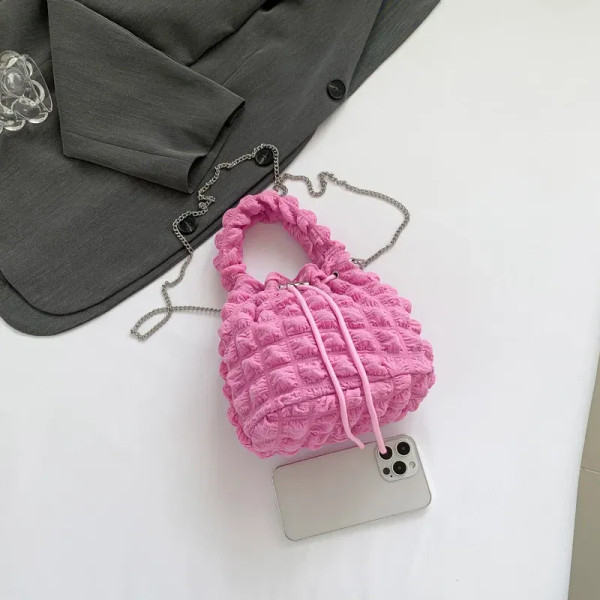 Color: Beige - Pearl puff fashion pop bucket bag pleated lines dopamine color youth smell girlishne F640-12000038391256865