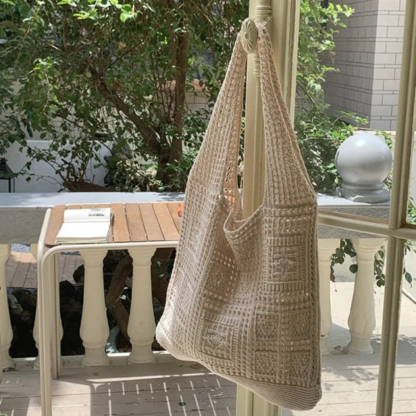 Color: black - Simple Crochet Tote Bags Fashion Hollow Knitted Women's Bags Casual Female Shoulder  F640-12000040556394349