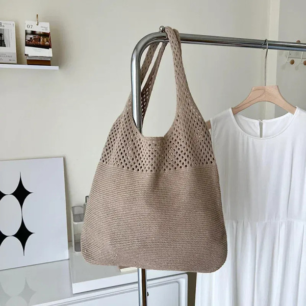 Color: MAROON - Summer Beach Party Bag Purse Shopper Tote Satchel Female Vintage Hollowed Out Knitt F640-12000040387496312