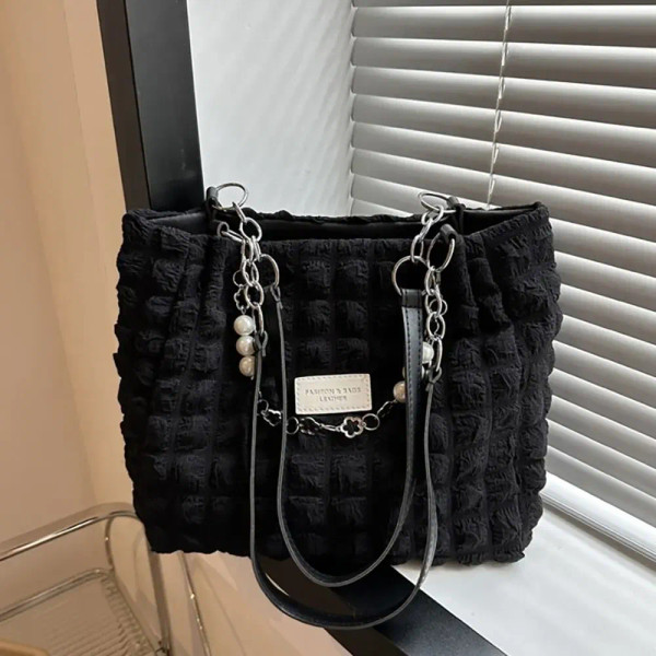 Color: black - Large Capacity Ladies Tote Bag Fashion Plaid Women's Beaded Chain Shoulder Bags Soft F640-12000037995329605