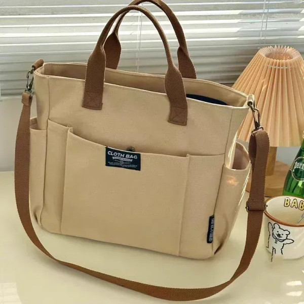Color: Khaki - Urban Minimalist Female Student Large Capacity Commuting Horizontal Canvas Single Sh F640-12000045225058576