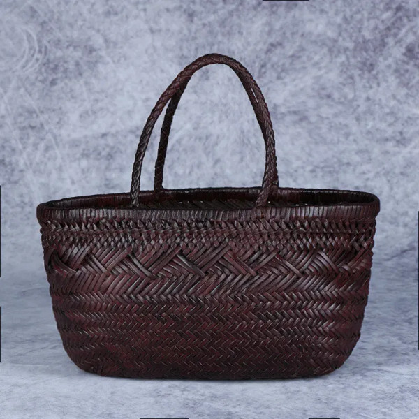 Color: Blue - Designer woven totes bag women genuine leather cowskin knitting basket handbag female F640-12000027957119064