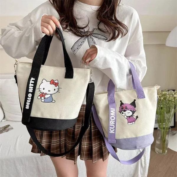 Color: Beige - Sanrio Hello Kitty Kuromi Canvas Shoulder Bag Kawaii Anime Print Lightweight Crossbo F640-12000049894291120