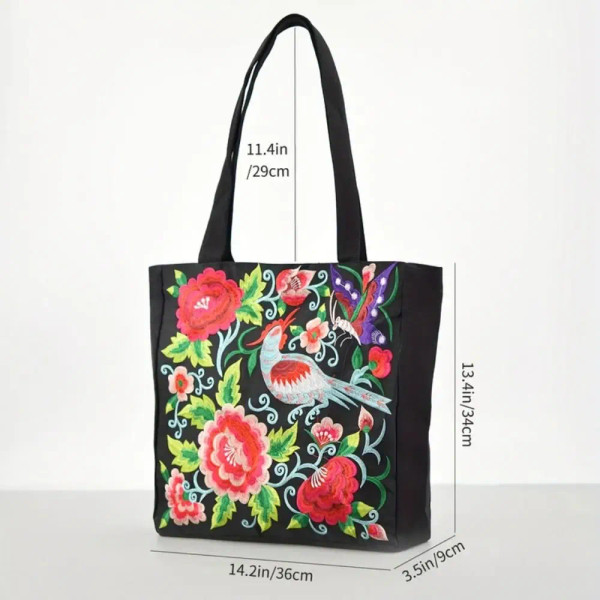Color: GRAY - Ethnic Style Women Shoulder Bag Casual Canvas Large Capacity Embroidered Tote Bag Han F640-12000039387557549