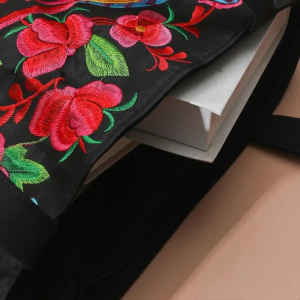 Color: Beige - Ethnic Style Women Shoulder Bag Casual Canvas Large Capacity Embroidered Tote Bag Ha F640-12000039387557542