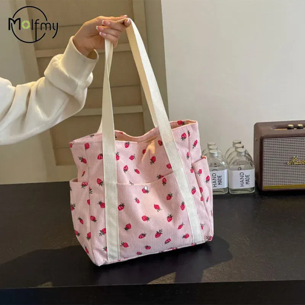 Color: Blue - Strawberries Corduroy Handbag Sweet Women's Bag Fashionable Versatile Shoulder Bag Be F640-12000041037828832