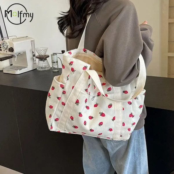 Color: Blue - Strawberries Corduroy Handbag Sweet Women's Bag Fashionable Versatile Shoulder Bag Be F640-12000041037828832