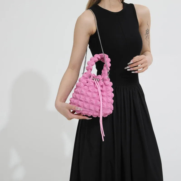 Color: Pink - Pearl puff fashion pop bucket bag pleated lines dopamine color youth smell girlishnes F640-12000038391256862