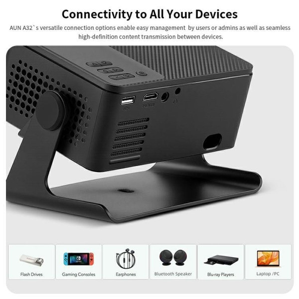 AUN A32 Pro 1280x720P 300ANSI Android 13 WIFI Display Smart Projector, US Plug(Black) A146-EDA007917301A