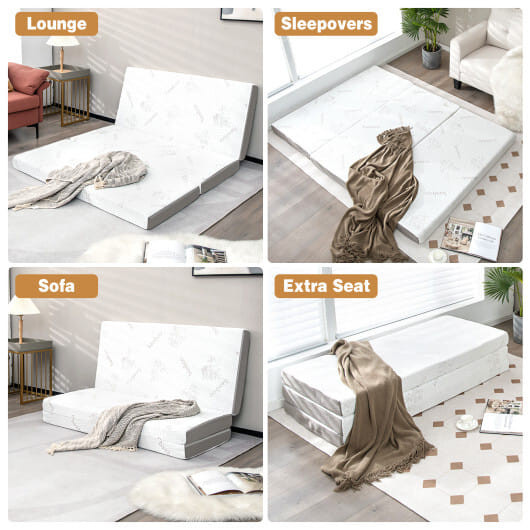4 Inch Tri-fold Cooling Gel Memory Foam Mattress-Queen Size - Color: White - Size: Queen Size D681-HU10392-L