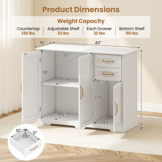 40 Inch Modern Kitchen Sideboard Buffet Cabinet with 2 Drawers and Adjustable Shelf-White - Color:  D681-JV13503WH