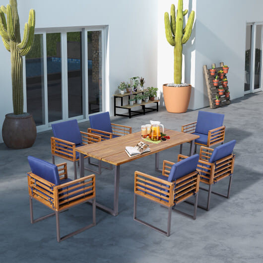 7 Pieces Patio Acacia Wood Dining Chair and Table Set for Backyard and Poolside-Navy B593-HW70983+