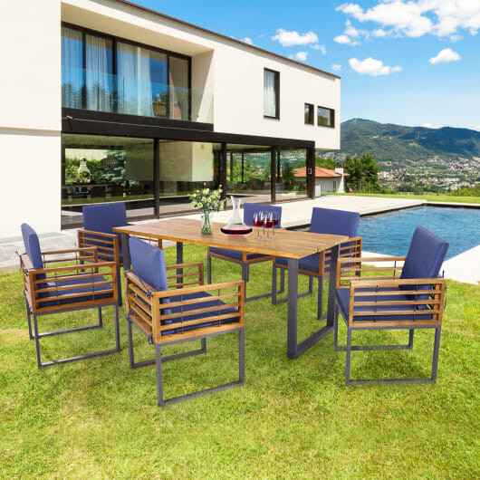 7 Pieces Patio Acacia Wood Dining Chair and Table Set for Backyard and Poolside-Navy B593-HW70983+