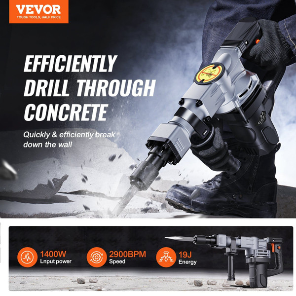 Demolition Jack Hammer, 1400W Electric Jackhammer Heavy Duty, 2pcs Chisels Bits Chipping with Case, E415-XXDH58YC1XPZGW5YIV1