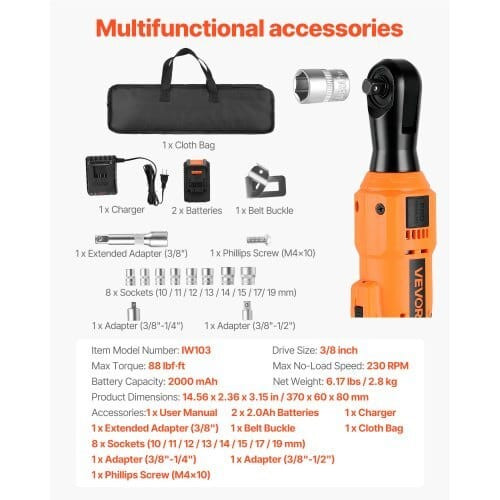 Cordless Ratchet Wrench, 3/8 inch Drive, 230 RPM, up to 88 ft-lbs of Torque, Battery Powered Electr E415-DDJLBSTZ38INPVZN6001V1