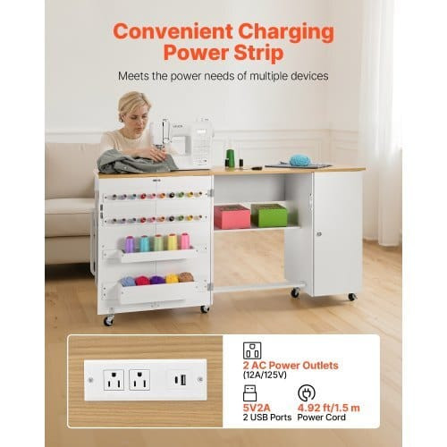 Folding Sewing Table, Multipurpose Sewing Machine Table with Cabinet, Charging Station, Compact Des E415-FRZJYXXKZDHJ8HVH4001V1