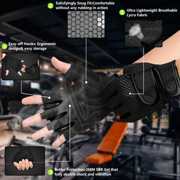 Color: Black, Size: S - MOREOK Gym Gloves Non-slip 3MM Pads Pull Up Power Training Weight Lifting G F640-12000032463783268