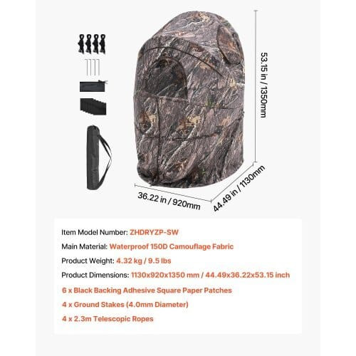 Hunting Blind, Single Person Ground Blinds with Carrying Bag, Portable Camouflage Tent, Reinforced  E415-SLCDRZPYCKWS3T0XJ001V0