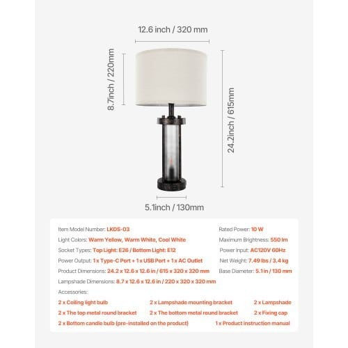 Table Lamps Set of 2, Dimmable Farmhouse Bedside Nightstand Lamps, Vintage Lamp with LED Bulb and L E415-FGDZDUSBKCTDTR6YT001V1
