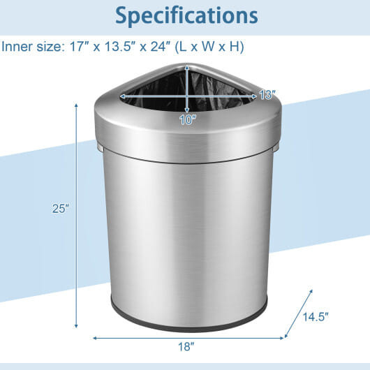 60L Stainless Corner Steel Trash Bin with Lid and Anti-slip Bottom-Silver B593-GY10015