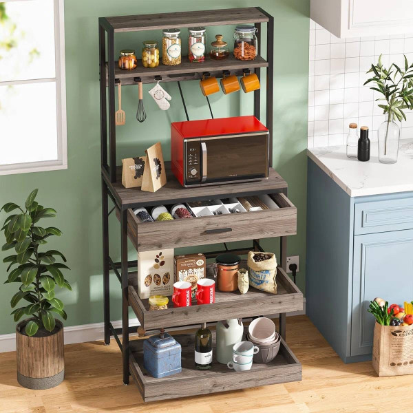 Grey Modern Baker's Rack Kitchen Shelving Unit with Pull-Out Shelves and Drawer Q280-GBRSMCS13257493