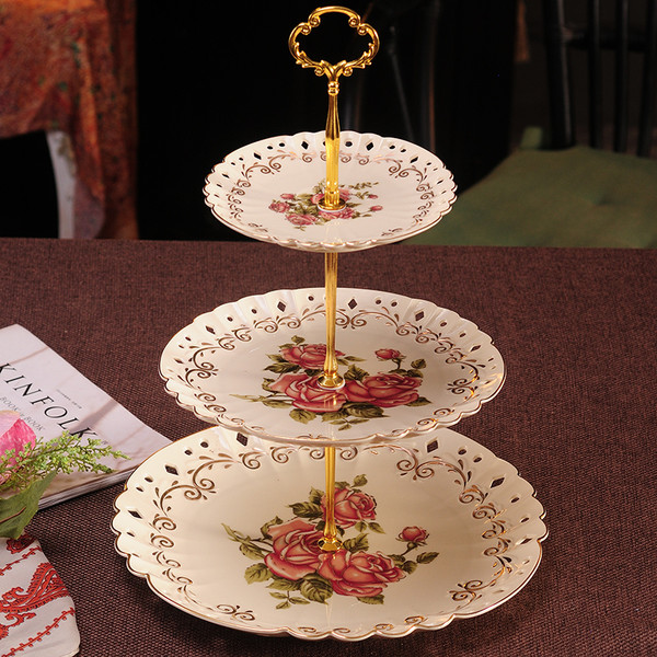 Color: Gold rose hollow, style: Three layers - Ceramic Three-layer Dessert Rack, Fruit Tray, Candy  Q119-CJCJ116647003CX