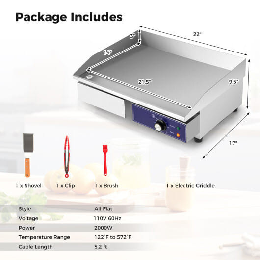 22 Inch Countertop Electric Griddle 2000W 110V Commercial Stainless Steel Grill-Silver B593-FP10826US