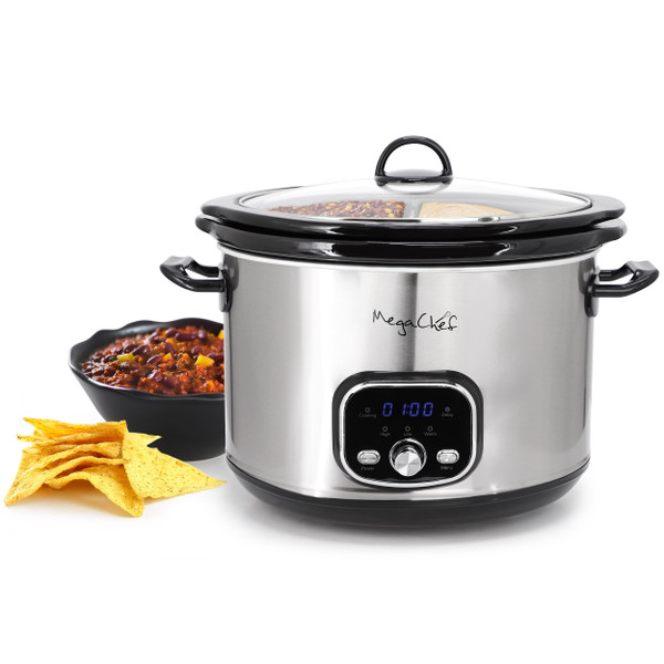 MegaChef 6 Quart + 2.6 Quart Split Stainless Steel Electric Slow Cooker in SIlver D970-MCSC-560