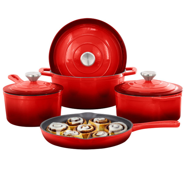 MegaChef 7 Piece Enameled Cast Iron Cookware Set in Red D970-MC-CI7SET-RED