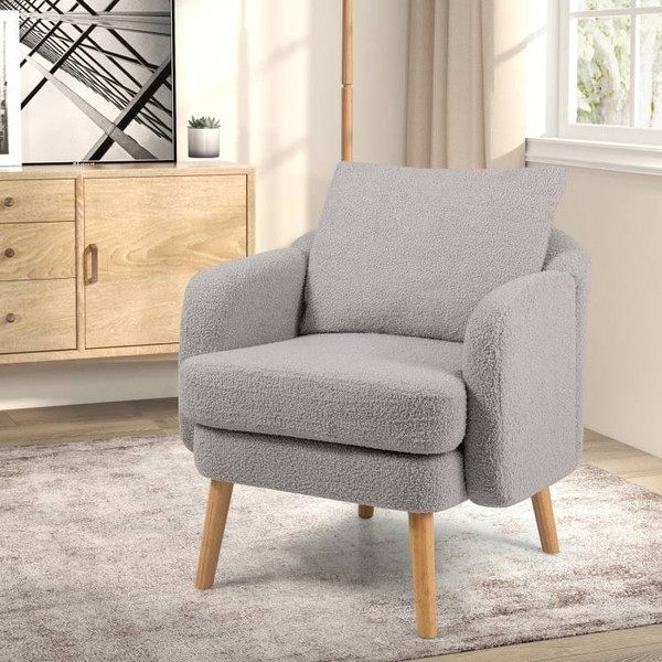 Modern Grey Sherpa Fabric Upholstered Accent Chair with Wooden Legs Q280-GRUJKJ65981