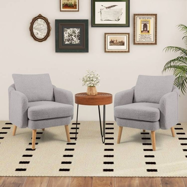 Modern Grey Sherpa Fabric Upholstered Accent Chair with Wooden Legs Q280-GRUJKJ65981