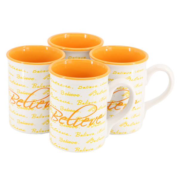 Gibson Home Inspirational Words Believe 4 Piece 16 Ounce Stoneware Mug Set in Orange D970-142553.01