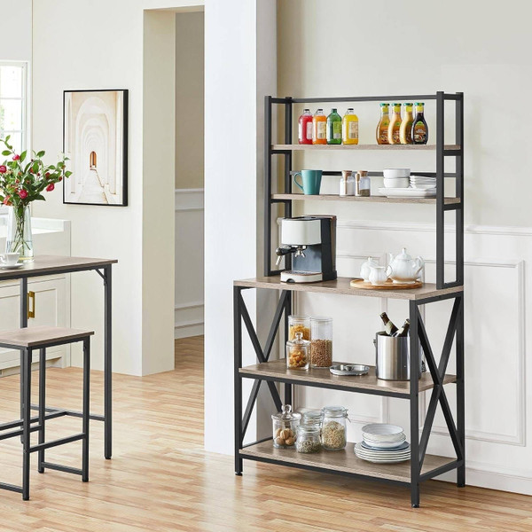 Modern Black Metal Grey Wood Bakers Rack Microwave Stand Kitchen Shelving Unit Q280-YGBRSK892136257