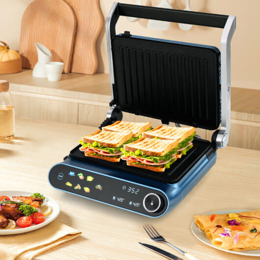 1200W Panini Press Grill with LED Display and 7 Grilling Modes-Blue - Color: Blue D681-ES10373US-BL