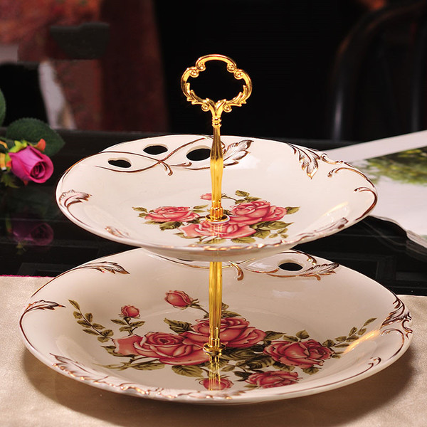 Color: Gold rose hollow, style: Two tiers - Ceramic Three-layer Dessert Rack, Fruit Tray, Candy Tra Q119-CJCJ116647004DW