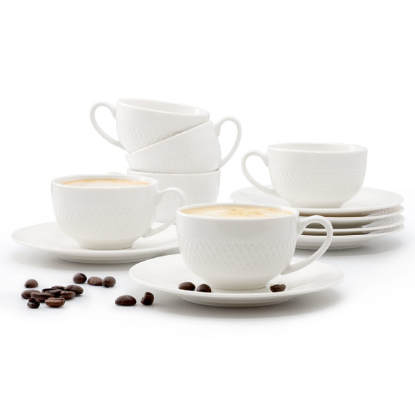 Elama Luna 12 Piece 3 Ounce Porcelain Espresso Cup Set in White with Saucers D970-ELM-LUNA-3ESPRESSO