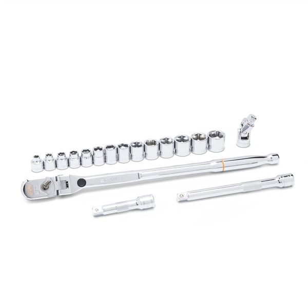 GearWrench 18 Piece 3/8 Inch Drive 120XP Locking Flex Head Ratchet and 6 Point Metric Stubby Socket T398-KDT81392