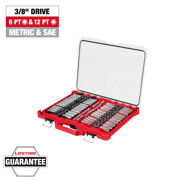 Milwaukee Tool 98pc 3/8 inch 6-Pt and 12-Pt Metric & SAE Ratchet & Socket Set with PACKOUTLow-Profi T398-MLW48-22-9285