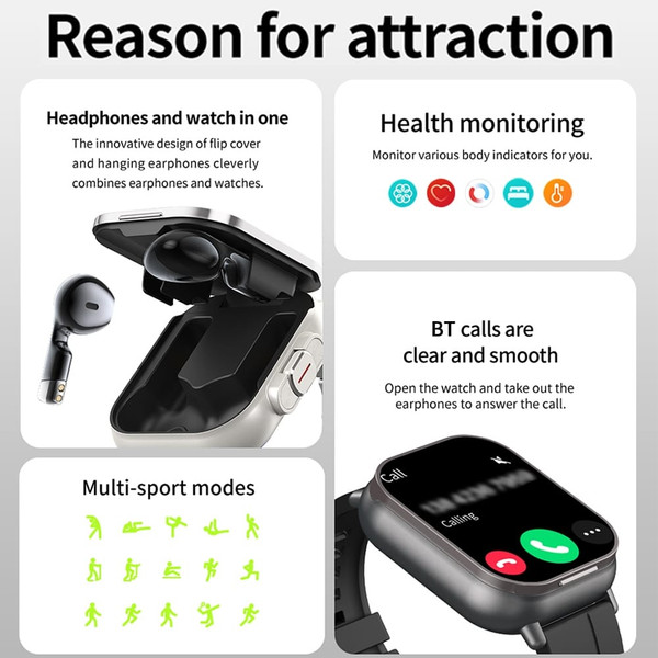 D8 Smart Watch with Earbuds Fitness Tracker Sports Recorder Heart Rate Blood Pressure Blood Oxygen  K484-PEL_0RIZXM0D