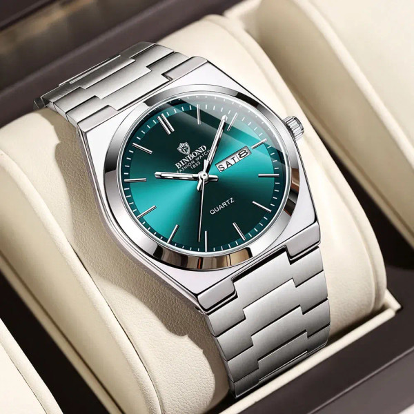 Color: Silver - UTHAI Men Watch Light Luxury Brand Stainless Steel Double Calendar Waterproof Male  F640-12000040595875711