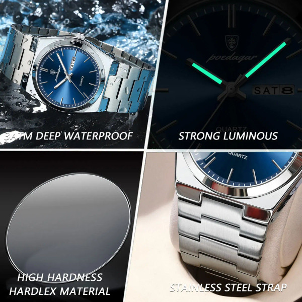 Color: Ivory - POEDAGAR Luxury Watch For Man Waterproof Luminous Date Week Stainless Steel Men Watc F640-12000036631621384